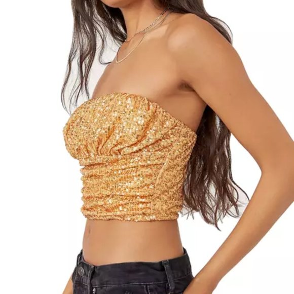 Free People Ta Da Sequin Tank Top in Gold Size Large NWT - Picture 3 of 8